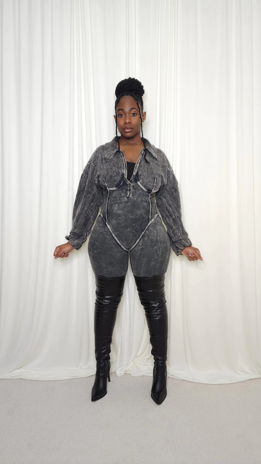 Mineral Wash Corset Jumpsuit- Black