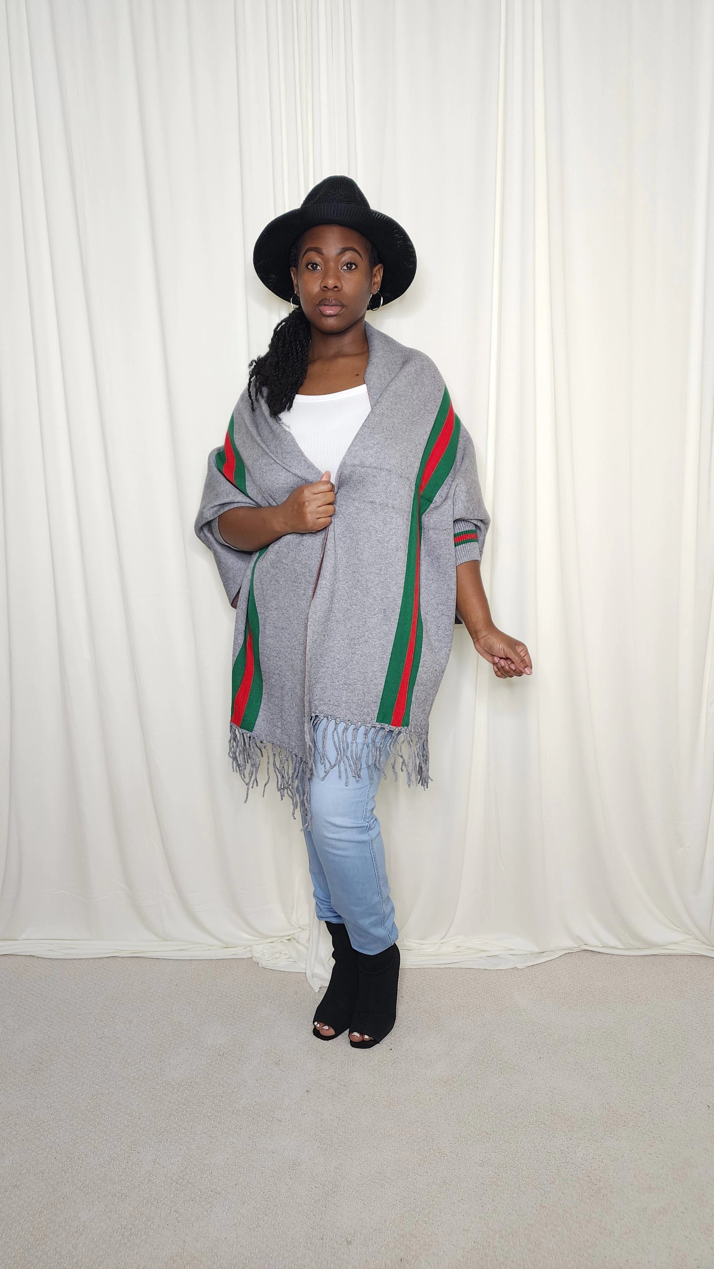 The Luxe Fringe Poncho- Grey