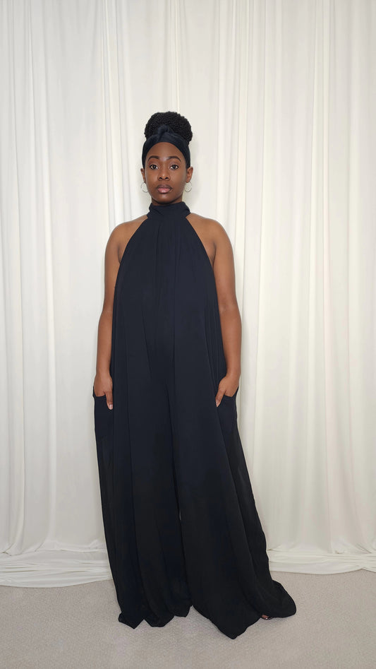 Halter Neck Chiffon Jumpsuit- Black