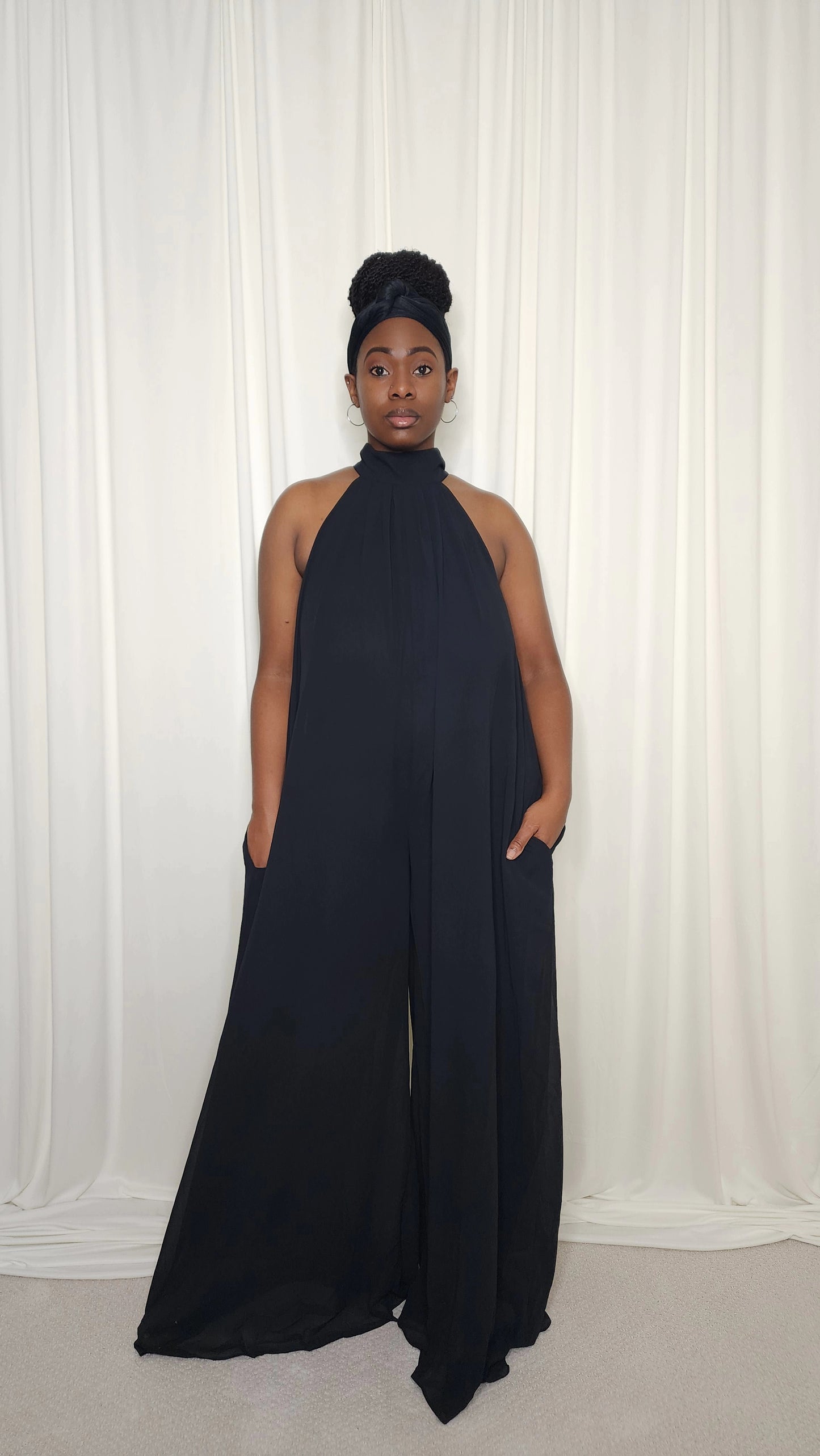 Halter Neck Chiffon Jumpsuit- Black